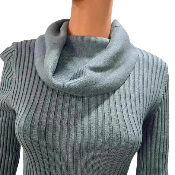 Cozy Ribbed Knit Cowl Neck Dress - Slate Blue - Picture 3 of 10